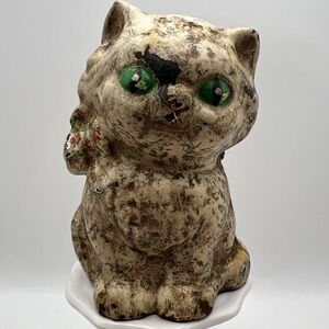 Antique 1930's Hubley Cast Iron Kitten Cat Still Bank Hubley Green Eyes Bow Vtg